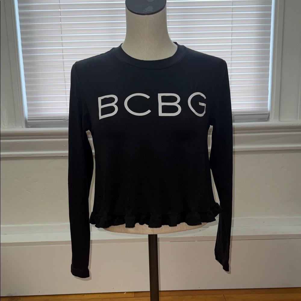 BCBG Black Long Sleeve Top with Ruffle Detail